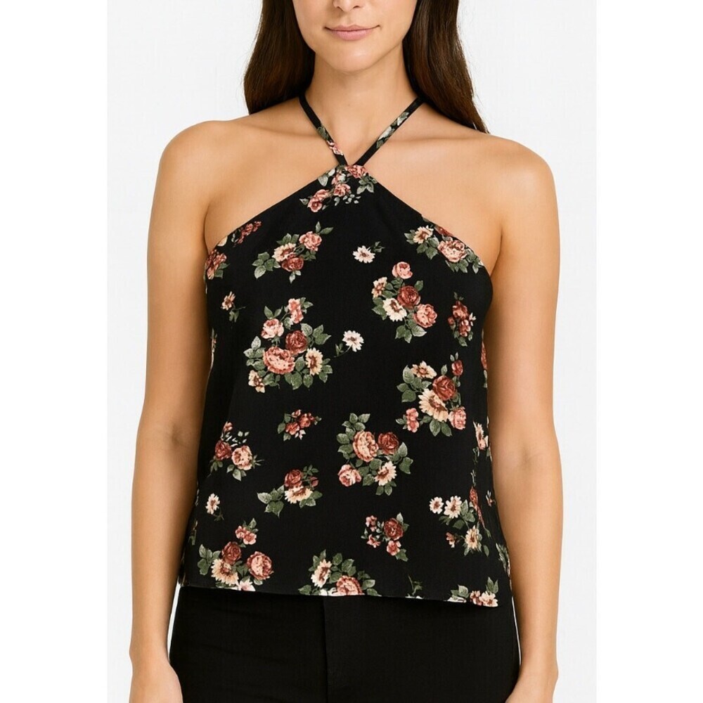 Forever 21 top blouse cropped black floral print halter top high neck SZ SM